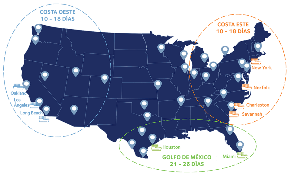 Carte des États-Unis montrant plusieurs emplacements marqués d'épingles blanches, représentant des points clés de transport et de logistique. Comprend les itinéraires de transit mis en évidence par des lignes pointillées et les connexions aux ports maritimes des côtes est et sud du pays.